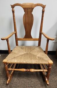 Antique Vintage Wood Wooden Pegged Maple Farmhouse Rocking Chair Rush Seat
