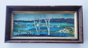 19th Century Maine Primitive Folk Art Painting On Glass Panoramic Coastal Scene