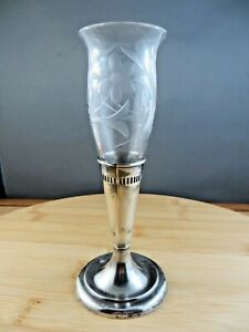 Antique 6 1 2 Sterling Silver Posy Holder Bud Vase Etched Glass Epergne Insert