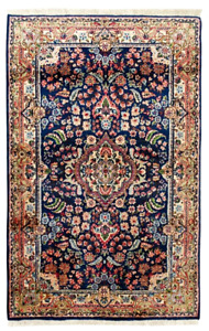 Kermann Blue Hand Knotted Wool Floral Medallion Oriental Area Rug 3 X 4 10 