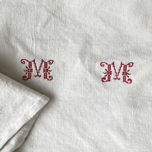 Mm Or Ww Monogram Antique French Linen Tablecloth Rectangular Region Gb Monogra