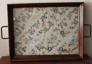Old Antique Chinese Glass Framed Embroidery Serving Tray
