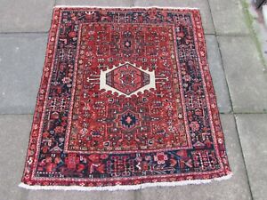Antique Worn Hand Made Traditional Oriental Wool Red Blue Small Rug 125x112m