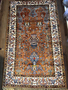 Antique Persian Silk Rug Handmade Oriental Carpet 4 X7 