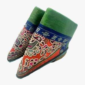 Antique Chinese Hand Embroidered Silk Lotus Feet Shoes Foot Binding Vtg