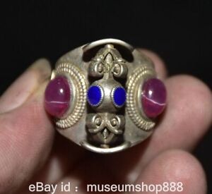 1 2 Old China Miao Silver Cloisonne Red Prism Stone Faqi Finger Ring A28
