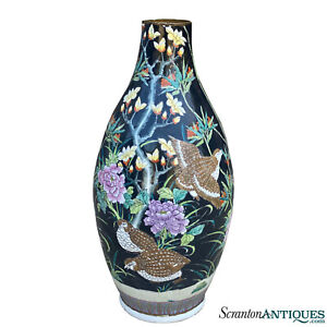 Vintage Large Chinese Famille Noire Porcelain Enamel Floor Vase