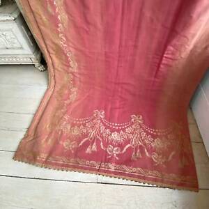 Antique Curtain French Silk Damask Dark Rose Pink Gold 19th Century Textile W