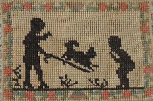 1800s Needlepoint Knotted Wool Panel 6 75 X 9 5 Two Children Dog Silhouettes