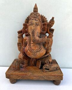 Vintage Old Rare Hand Carved Wood Worship Hindu God Ganesha Figure Deity Statue