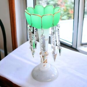 Antique French Victorian Opaline Glass Mantel Luster White Green Gilded Ivy