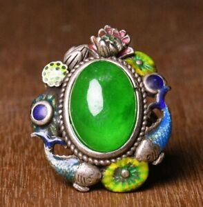 3cm Old Chinese Cloisonne Silver Inlay Green Jade Lotus Fish Jewelry Figure Ring
