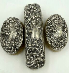 Art Nouveau Webster Sterling Silver Vanity Hair Brush Set Of 3 Antique