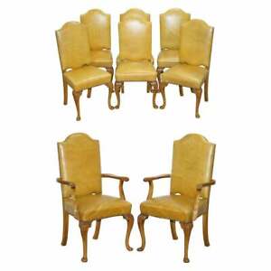 8 Art Deco Walnut Hand Carved Leather Denby Spinks Dining Chairs Part Of Suite