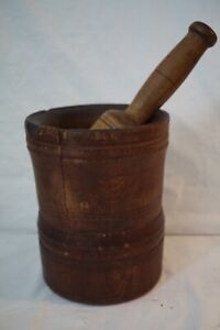 19th Century Antique Turned Wood Mortar Pestle Primitive Apothecary