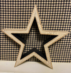 Primitive Crackle Tan Black Star Hand Painted Wood Cutout Standing Star