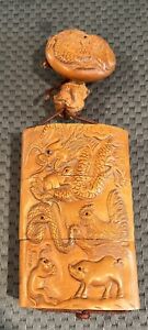 Antique Japanese Master Boxwood Engraved With Japanese Zodiac Signs Box