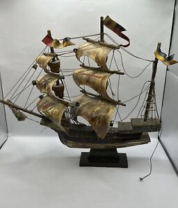 Wooden Model Barque Clipper Ship Royal Missing A Sail Japan 15 X 12 As Is