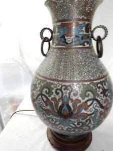 Antique Cloisonn Champleve Chinese Lamp 14 Inch High Arts Crafts Metal Rings