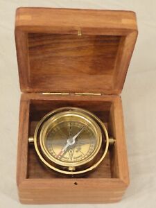 Vtg Stanley London Wood Box Maritime Gimbal Brass Compass Nautical Ship S Naval