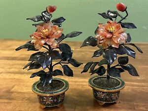 Vintage Jade Flower Tree Set With Cloisonn Pot 