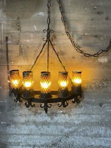 Large Vintage Spanish Revival Wrought Iron Chandelier Sconce Amber Glass 5 Light