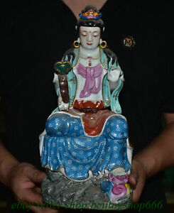 14 Marked Chinese Wucai Porcelain Kwan Yin Guan Yin Goddess Ru Yi Statue