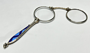 Antique German Alran Cobalt Enamel Lorgnette Opera Magnifier Glasses Spring