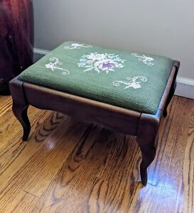 Vintage Foot Stool With Green Floral Needlepoint Top 