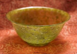 Antique Chinese Spinach Jade Turned And Carved Tea Bowl