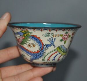 Antique Chinese Pure Bronze Cloisonne Dragon Phoenix Dynasty Palace Tea Cup Bowl