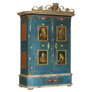Antique 1850 Hand Painted German Marriage Wardrobe With Religious Icon Panels