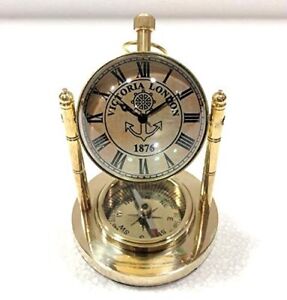Antique Table Clock With Bottom Compass Victorian Brass Desk Clock For Decor