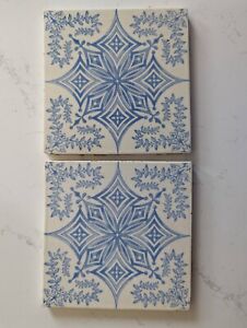 Set Of Two Antique Tiles Geometric Patterns In Delft Blue And White