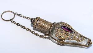 Extremely Ornate Antique Jeweled Chatelaine Glass Perfume Bottle All Original