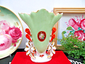 Vintage Made Germany Fan Shape Vase With Roses And Old Paris Design
