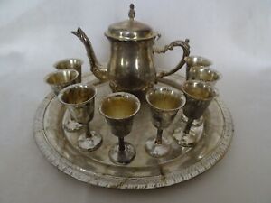 10 Pieces Vintage Silver Plated Carafe Pot Round Tray And 8 Mini Wine Tea Cups