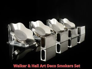 Cased Art Deco Sterling Silver Smokers Set Ashtrays Matchbox Covers 1936
