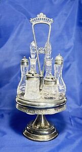 Vintage Silver Plated Reed Barton Revolving Castor Cruet Set 6pc Etched Glass