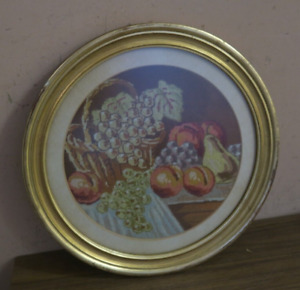 Vintage European Micro Petit Point Tapestry Needlepoint Framed 8 Fruit Table