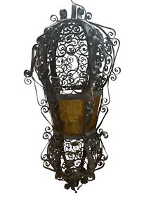 Antique Gothic Wrought Iron Spanish Revival Hex Amber Glass Panel 29 Swag Lamp