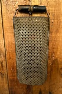 Antique Punched Tin Half Round Grater Old Primitive Kitchen Tool Wooden Handle
