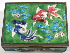 Antique Chinese Cloisonne Box With Fish On 4 Sides Brass Wood Colorful Lovely