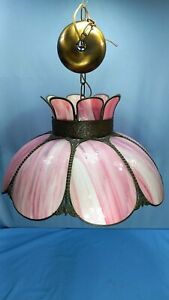 Vintage Pink Slag Glass Ceiling Hanging Lamp Light Shade Curved 18x12 Tulip Mcm