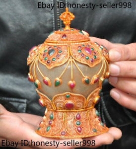5 8 Tibetan Buddhism Crystal Inlay Silver Filigree Gilt Kapala Bowl Cup Statue