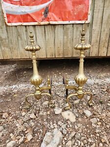 Antique Vintage Brass Clawfoot Fireplace Andirons Large 21 
