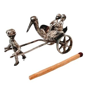 Antique Dutch Silver 800 Miniature Figure Cherub 2 Babies In A Stork Carriage