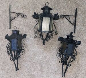 Lot Of 3 Spanish Mission Wrought Iron Glass Hanging Lanterns Mid Century