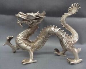 Chinese Silver Zodiac Myth Beast Figurine Wealth Fly Dragon Bronze Statue