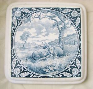 Antique Delft Blue Sheep French Country Pastoral Scene 4 Leg Tile Trivet 10 1 2 